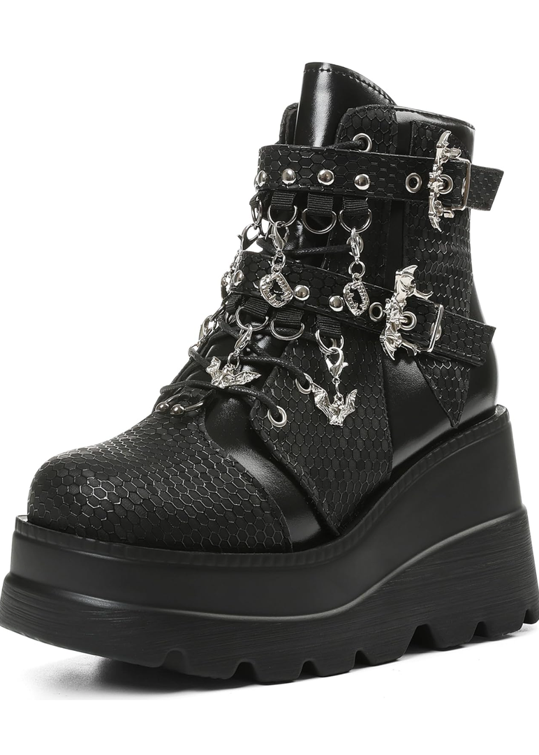 Tscoyuki Goth Platform Ankle Boots for Women - Bat Buckle Straps Rave Boots Zip Round Toe Combat Boots Womens Chunky Wedges High Heels Moto Booties 42