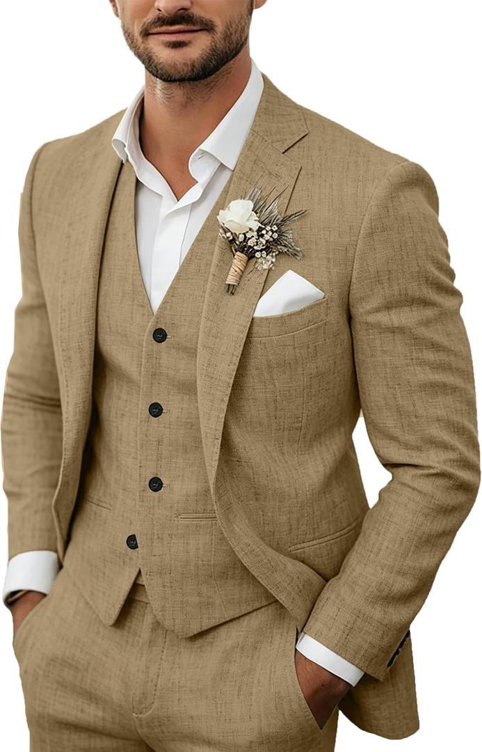Men's 3 Piece Linen Suits Set Regular Fit Casual Lightweight Blazer Jacket Vest and Pants khaki M