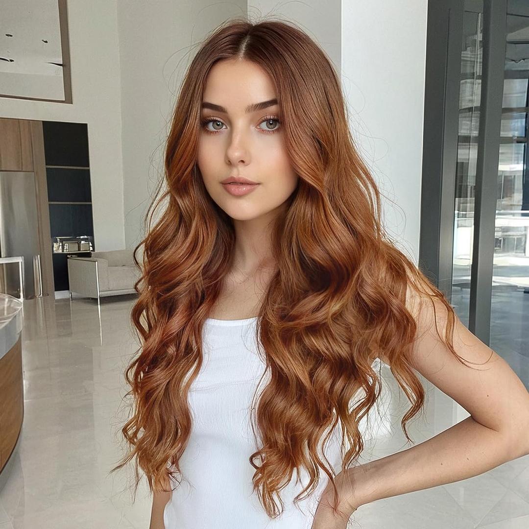 Glueless Auburn Lace Front Wigs for Women,Put On Go Copper Lace Front Wig,Deep Orange Middle Part Synthetic Wig for Daily Party Use 26IN