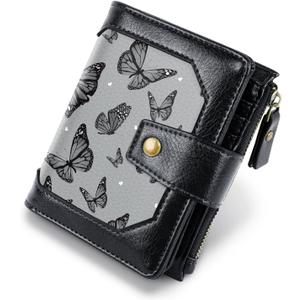 Women Leather Wallet RFID Blocking Small Bifold Zipper Pocket Wallet Card Case Purse with ID Window, Black Butterflies