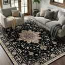 RELEANY Area Rugs 5'x7' Washable Non-Slip, Floral Vintage Distress Print Pattern Medallion Carpet for Living Room Bedroom Dining Room, Black Brown Neutral Dark Tan