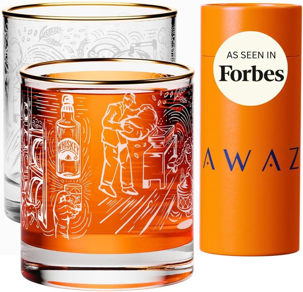 AWAZ Whiskey Glasses  Set of 2, Engraved with Whiskey-Making Process, 24k Gold Rim  11oz Scotch, Bourbon Lovers Glass  Best Gift - Men, Dad, Husband, Coworker  Holiday, Birthday, Retirement