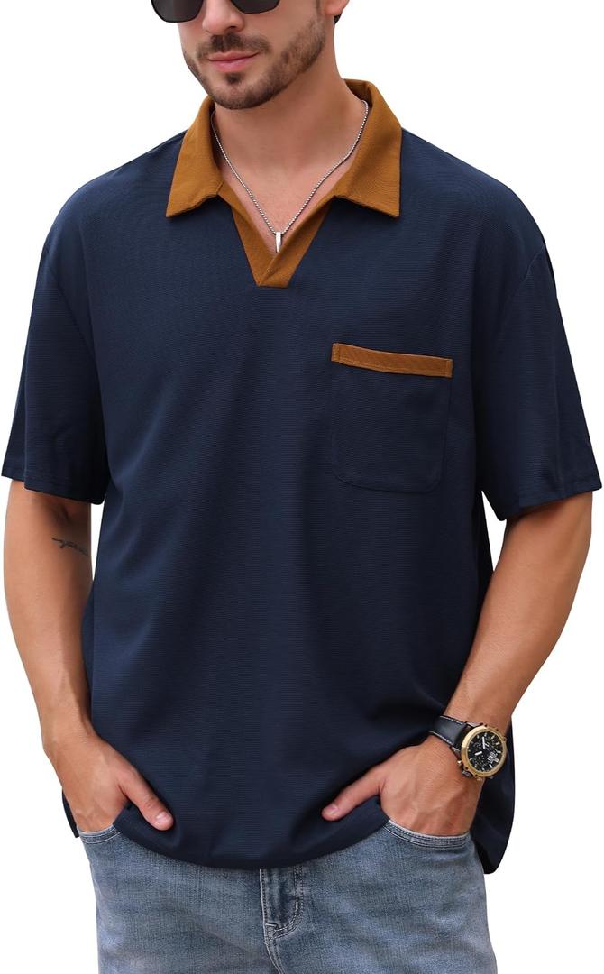 ODIZLI Men's Trendy Short Sleeve V Neck Knit Polo Shirt with Pocket Business Casual Shirts Athleisure (L)