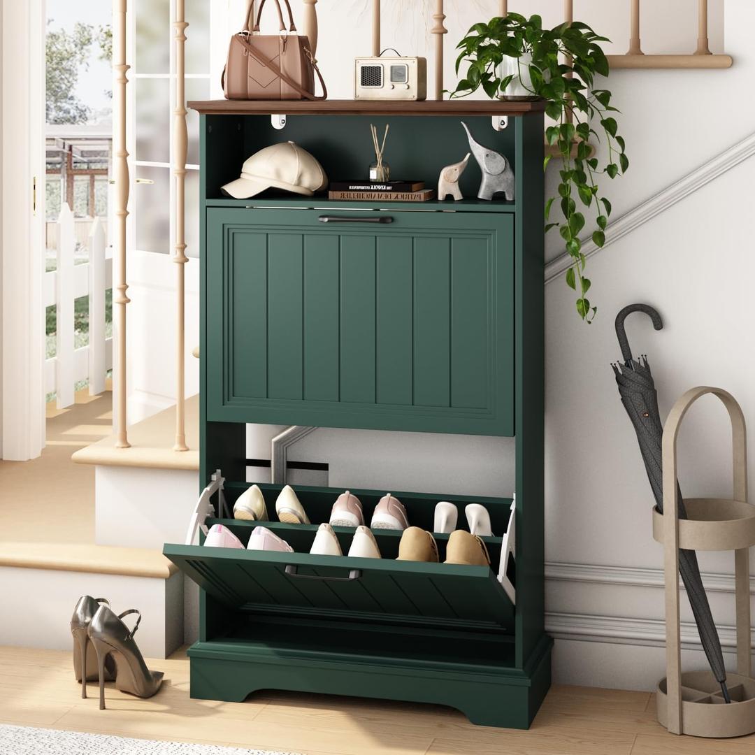 Shoe Storage Cabinet with 2 Flip Drawers, 24" W Farmhouse Modern Hidden Shoes Rack Cabinet with Adjustable Shelves & Open Storage, Narrow Slim Shoe Organizer for Front Door Entrance, Entryway, Green