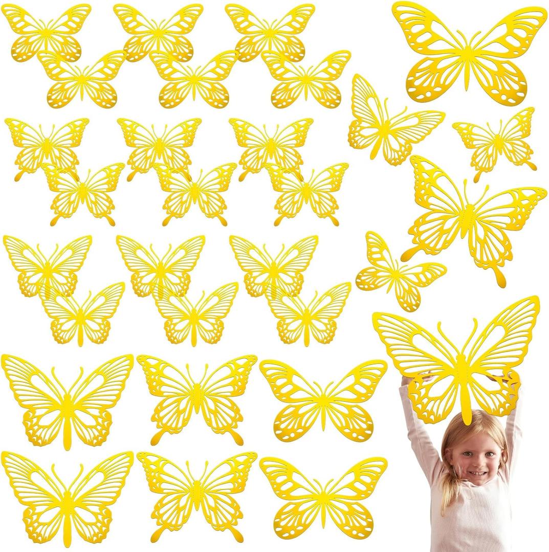 Yeaqee 24 Pcs Large Butterfly Party Decoration 3D Butterflies Wall Decor Set 2 Sizes 3 Styles Large Stickers for Birthday Baby Shower Nursery Bedroom Wedding Decor Cutouts(Gold)