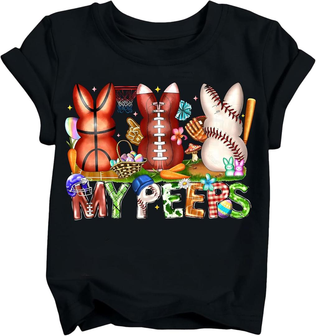 Boys Easter Shirt Toddler Bunny Rabbit & Egg Hunt Graphic T-Shirts Kids Happy Easter Lettering Tops 2026 (140) (Black)