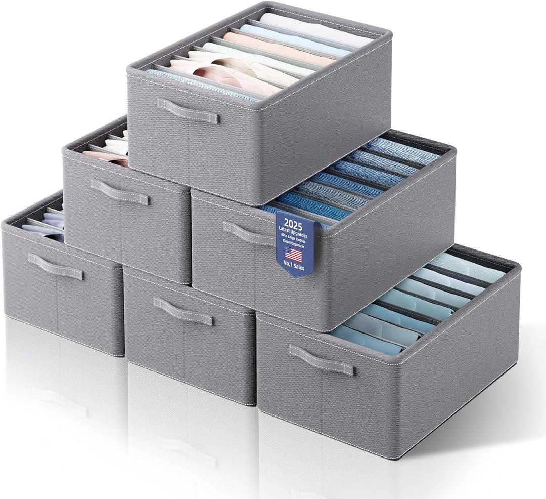 6Pcs Large Clothes Closet Organizer 7 Compartments, Stackable Shelf Storage Baskets, Wardrobe Clothes Storage Bins for Sweater, T-Shirt, Hoodie, Dress (Grey-720)