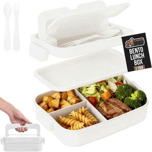 GORILLA GRIP BPA-Free Leakproof Bento Lunch Box for Women, Men, Kids, On-the-go Easy to Carry Handle, Microwave Safe Hot or Cold Food Container, Lid Includes Built-In Utensil Set, 1 Tier Style, White