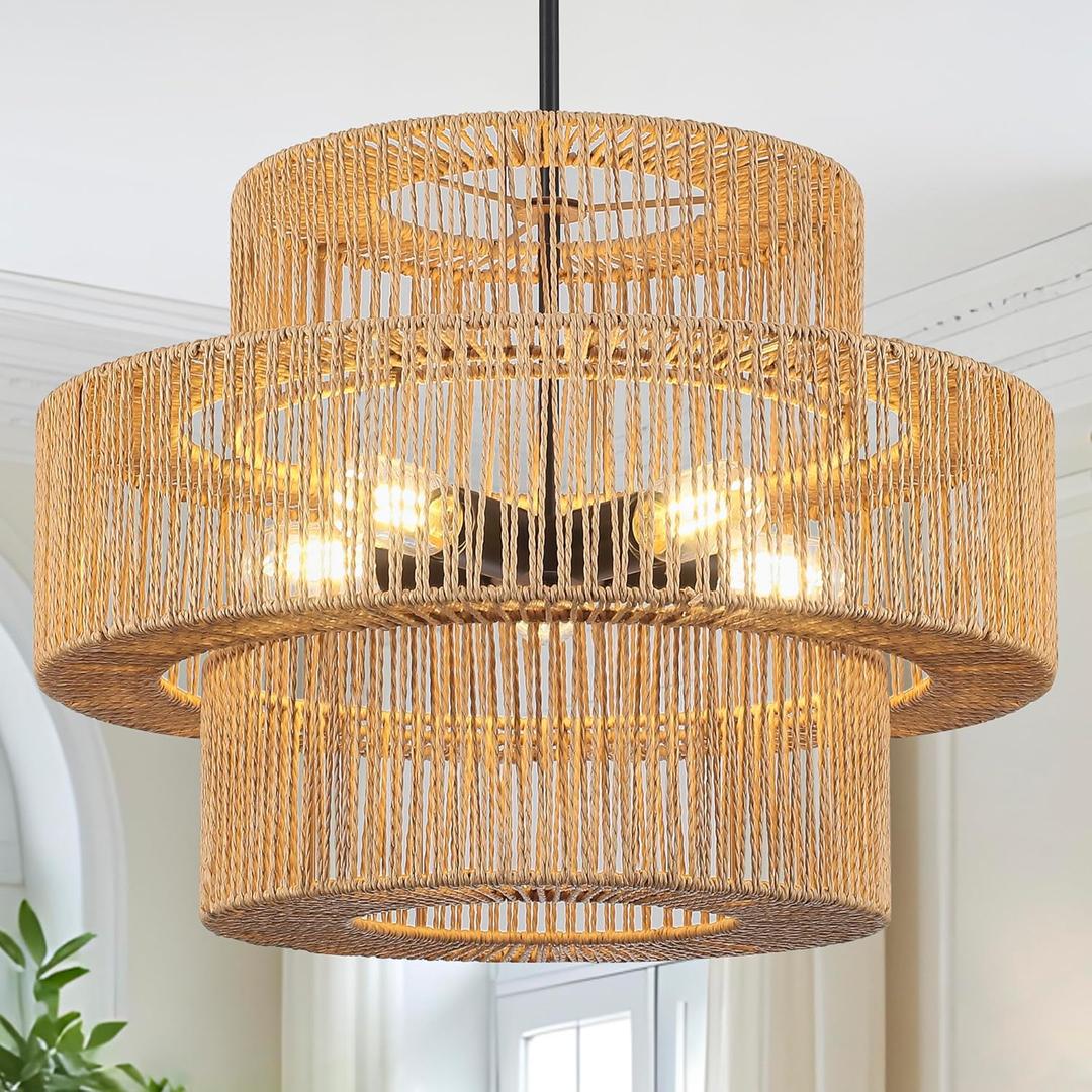 22" Boho Hand Woven Rattan Chandelier Light Fixture, 5 Lights Farmhouse Pendant Light for Kitchen Island, 3 Round Large Wicker Chandeliers for Dining Room Living Room Bedroom Hallway