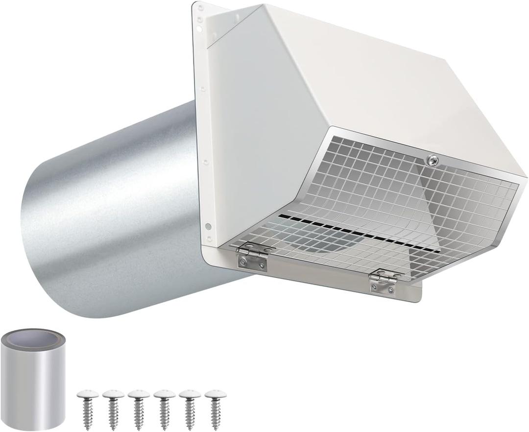 4 Inch Dryer Vent Cover Outside Hooded Wall Vent with Screen and Damper, Exhaust Vent Wall Mount Exterior Wall Vents Cover Cap for Dryer Ventilation&Outdoor Air Exhaust,Galvanized Steel,White