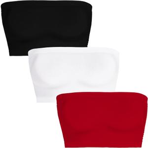 Womens Tube Tops Summer Bandeau Casual Crop Top Going Out Strapless Tank Basic Short Shirt (One Size, 3 Pieces Black, White, Red)