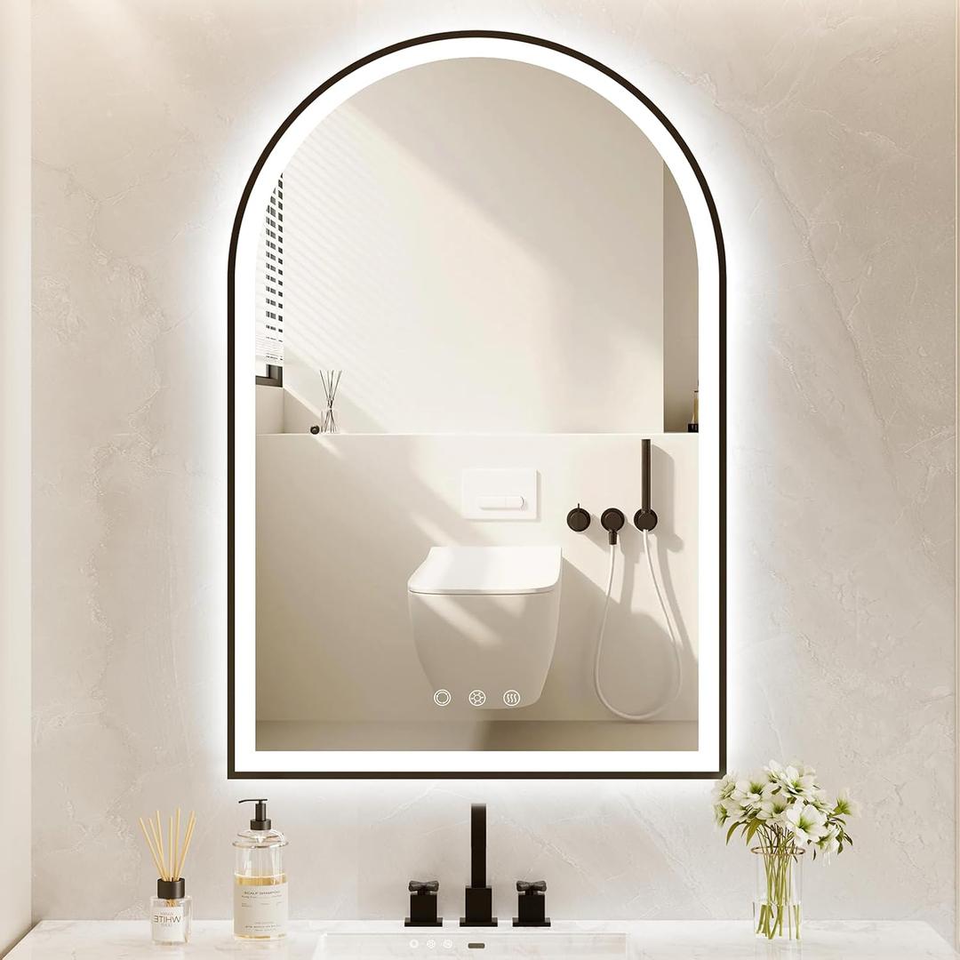 Arched LED Bathroom Mirror 20"x30", Black Bathroom Mirror with Lights-Anti-Fog, Dimmable-LED Mirror for Bathroom,3 Colors