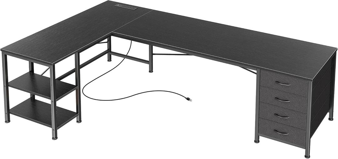 Huuger 63 Inch L Shaped Desk with Fabric Drawers, Reversible Computer Gaming Desk with Power Outlets and USB-C Port, Adjustable Side Storage Shelves, for Work Study Corner Home Office, Black