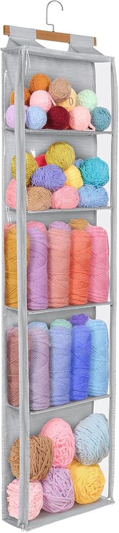 Hanging Yarn Storage with 5 Large Pockets, Clear Knitting Organizer Storage with Zippers for Crochet Lovers, Hanging Yarn Holder with Over-Door Hooks for Knitting Needles Crochet Hooks, Grey