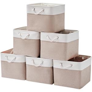 131513 Inch Storage Cubes,6 Pack Cube Storage Bins for Shelves,Fabric Collapsible Storage Bins with Handles, Foldable Storage Basket for Organizing Clothes,Books (White&Beige,13"x15"x13")