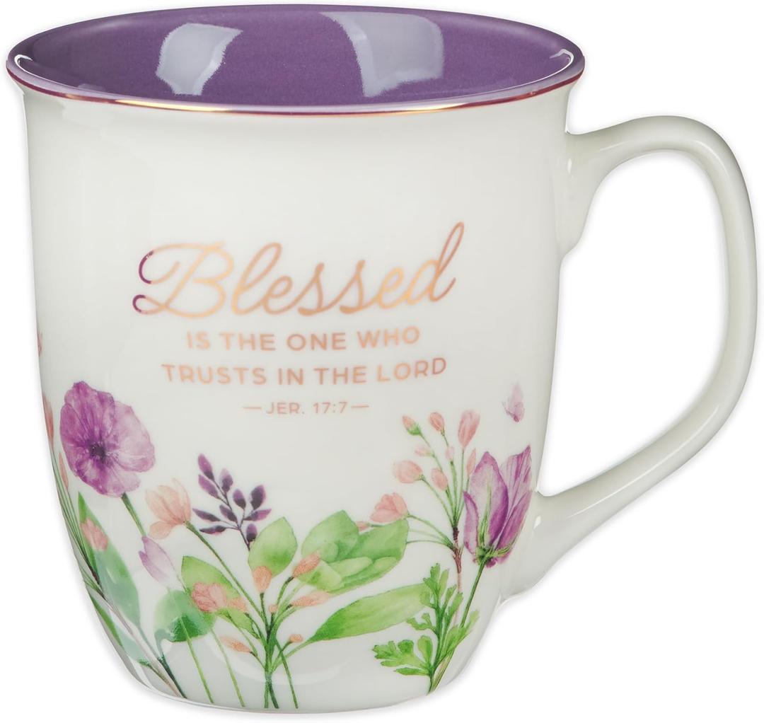 Christian Art Gifts Large Ceramic Inspirational Scripture Coffee & Tea Mug for Women: Blessed Encouraging Rose Gold Bible Verse, Novelty Drinkware for Home & Kitchen, Multicolor Purple Floral, 14 oz.