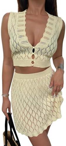 Saodimallsu Womens Two Piece Crochet Swimsuit Cover Ups Sleeveless V Neck Crop Tops Skirt Sets Beach Vacation Outfits, L