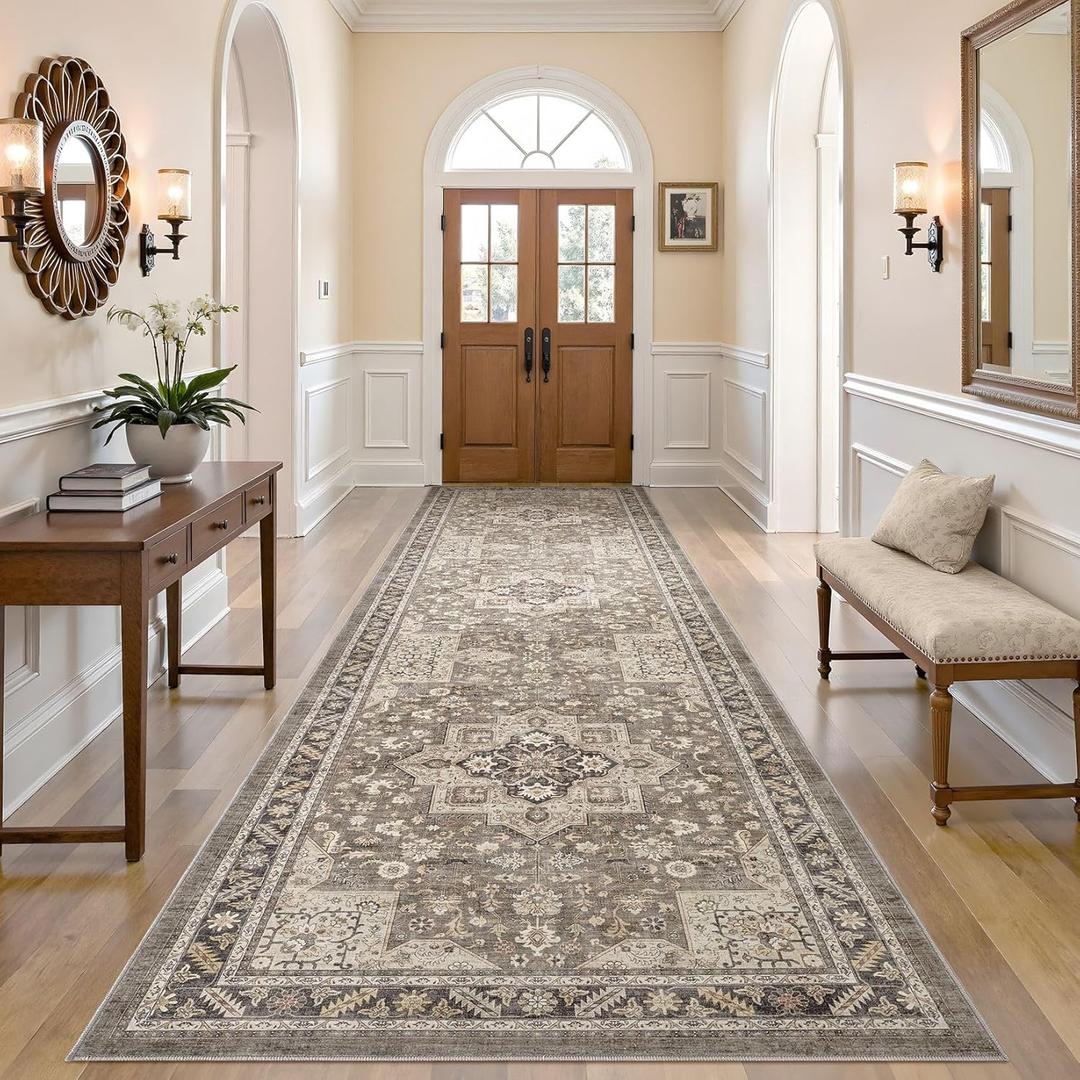 Vintage Hallway Runner Rug 3x10: Large Soft Washable Entryway for Kitchen Laundry Room Non-Slip Backing Runner for Entrance Living Room Bedroom Bathroom - Brown