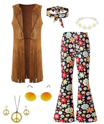 IWALUE Kids Girls 60s 70s Hippie Costume Pants Set Fringe Vest Peace Flared Pants Outfits Accessories Set（Multicolored,6-8 Years）