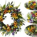 Svndlyn 22 Inch Spring Summer Wreath for Front Door,Sunflower and Daisy with Eucalyptus Leaves,Mixed Flower,Fairy Lights,Artificial Wreath for Front Door Spring Outdoor Home Decor Easter Decor