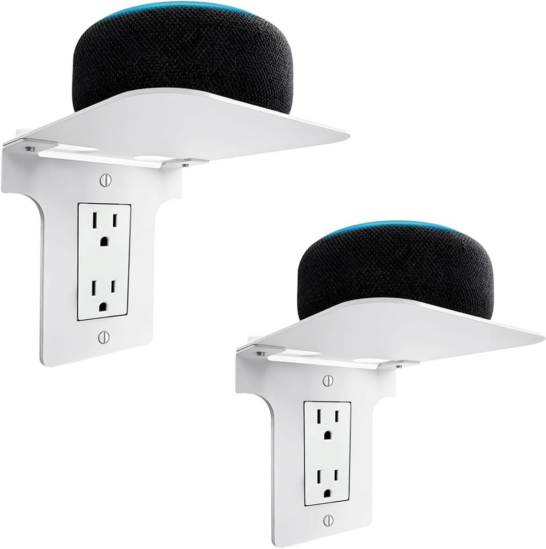 Metal Outlet Shelf with Built-in Cable Management, No-Drill Wall Organizer for Bathroom Outlets, Secure Holder for Echo Dot & Electric Toothbrush, Fits Vertical Decora, 2-Pack (White)