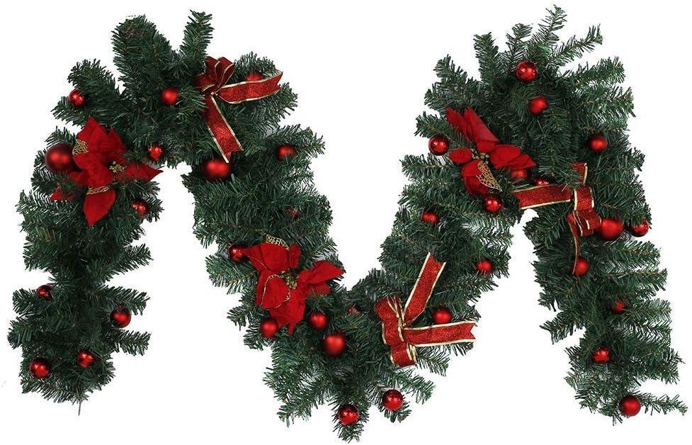 YYZKYTO 9ft Christmas Wreath Decorations Festive Christmas Wreath Garland with Flower and Red for Fireplaces Christmas Tree Stair Doors Commemoration Day
