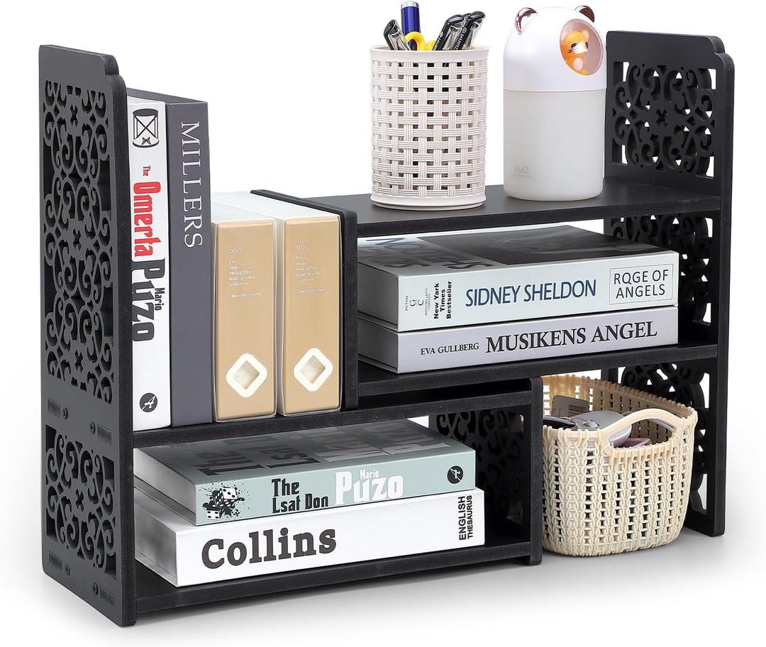 EARTHSON Desk Organizer Shelf, Expandable Bookshelf for Desk, Small Desktop Bookshelf, Mini Cute Adjustable Office Desk Shelves, Black