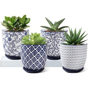 Ceramic Succulent Planter Pots - 4.6 Inch Small Flower Pot with Drainage Holes and Saucers for Indoor Plant, Cactus, Herbs, Outdoor Plants, Home Decor, Set of 4, Vintage Blue