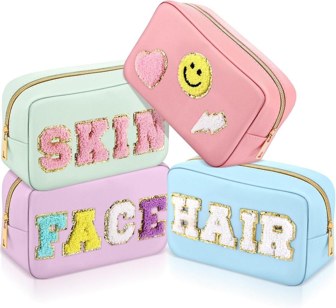 Sanwuta 4 Pcs Hair Face Skin Travel Bag Set Preppy Makeup Pouch PU Leather Skincare Bag Waterproof Cosmetic Organizer Birthday Christmas Gifts(Blue, Pink, Green, Purple,Fresh Style)