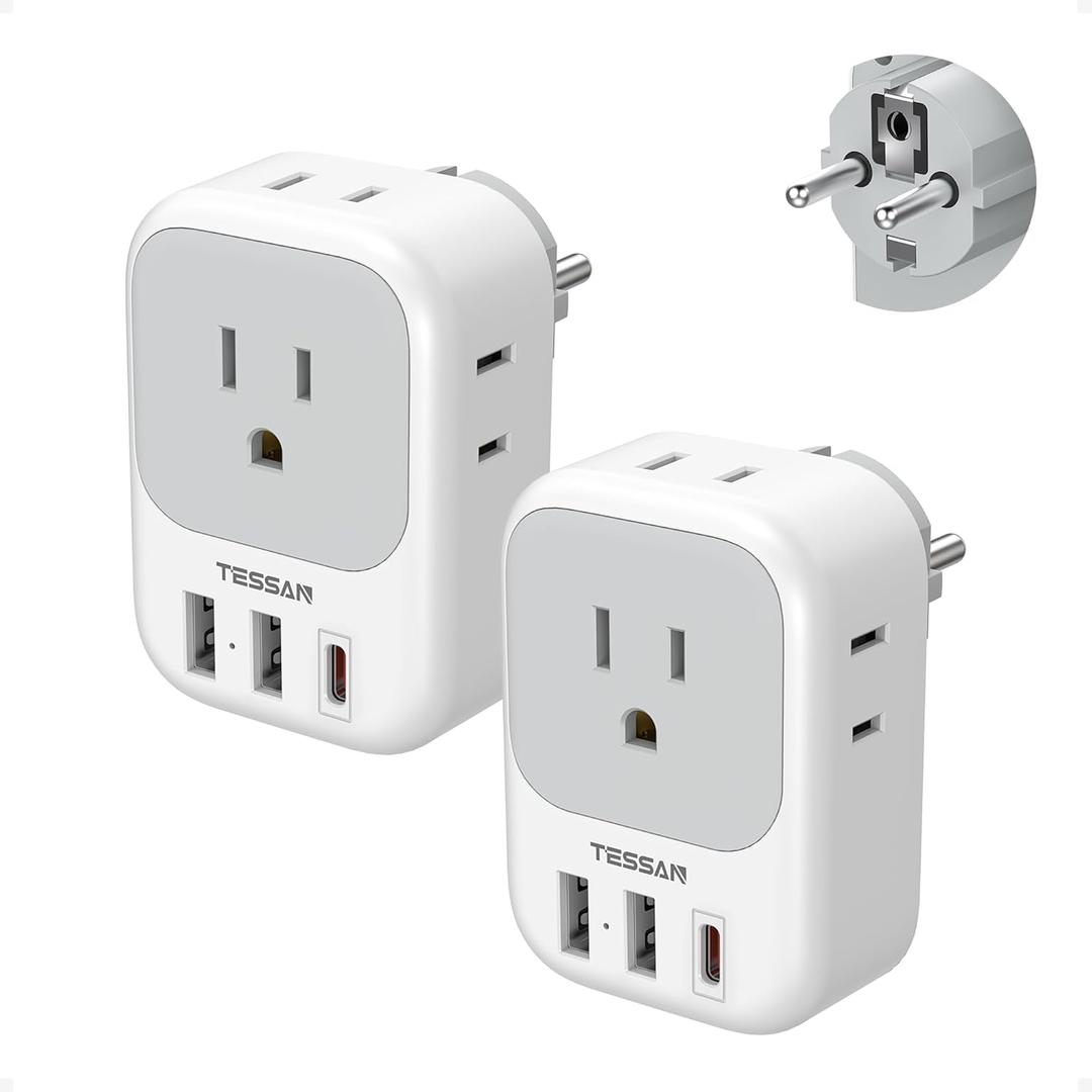 TESSAN 2 Pack Type E F Plug Adapter, Germany France Power Travel Adaptor with 3 USB Charger(1 USB C PD 20W), 4 Outlets Schuko Plug for US to Europe Spain Iceland Korea Greece Russia German French