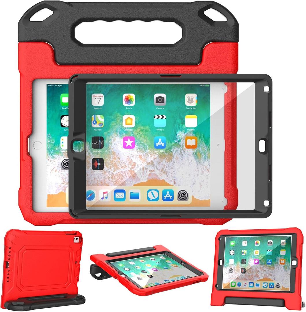 YIHE Kids Case for iPad 9.7 Inch with Screen Protector, Shockproof Handle Convertible Stand Case for iPad 9.7 6th/5th Generation 2018/2017, iPad Air 2/1& iPad Pro 9.7, Red&Black
