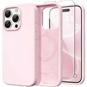 GONEZ Magnetic for iPhone 15 Pro Max Case, [Compatible with MagSafe] Anti-Scratch Microfiber Lining & Screen Protector, Shockproof Slim Phone Silicone Cover 6.7 inch, Chalk Pink