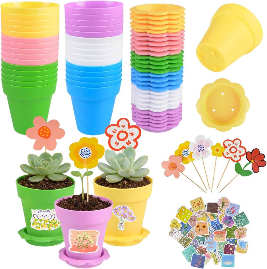30 PCS Cupcake Plant Nursery Pots, Plastic Small Flower Pots with Stickers & Paper Flowers, Seeds Planting Containers Cups Seeds Starter Pot for Indoor Outdoor Garden Seedlings Succulents Display
