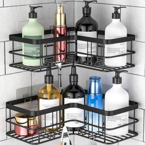 Corner Shower Caddy, Adhesive Shower Shelves No Drilling [2-Pack], Rustproof Stainless Steel Bathroom Shower Organizer Wall Mounted with 8 Hooks (Black)