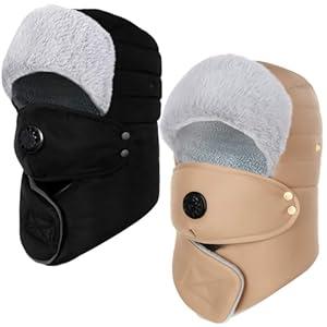 Chicingyou 2 Pack Waterproof Winter Trappers Hats Unisex Russian Warm Hats Ushanka Ear Flap Chin Strap for Women Men Cold Weather Outdoor Black and Khaki