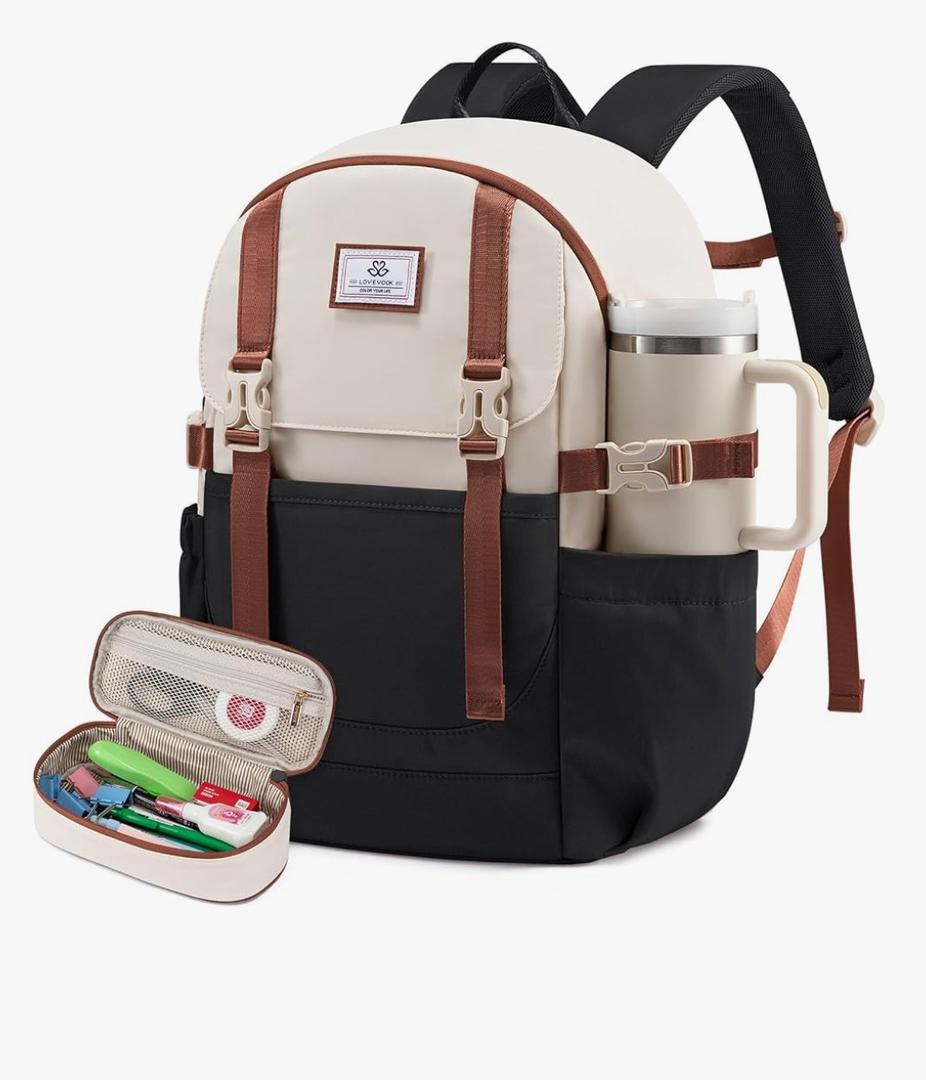 LOVEVOOK School Backpack for Teen Girls, Waterproof Travel College Bookbag for Middle High School with Large Cup Holder & Pencil Case, Fits 15.6'' Laptop, Cute Aesthetic Kids Student Backpack