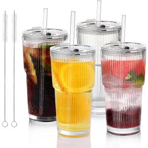 Glass Cups with Lids and Straws  20oz Glass Tumbler with Straw and Lid, Reusable Iced Coffee Cup, Smoothie & Tea Glass, Ideal for Home, Office, Travel, 4 Pack