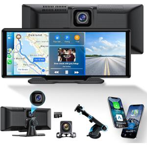 Portable Carplay Screen 10.26'' HD IPS Apple Carplay & Android Auto Screen for Car, Wireless Car Play Stereo with 4K Dash Cam/1080P Rear Camera, Car Audio Receivers,GPS Navigation,Mirror Link,FM,Siri