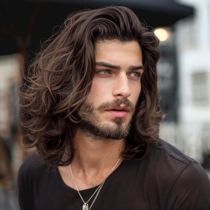 Mens Long Brown Hair Wig Layered Wavy Wig Shoulder Length Cosplay Party Costume Wig