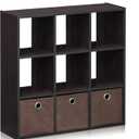 Furinno Simplistic 9-Cube Organizer with Bins, Small Size (Assembled Unit Dimensions : 7.9"D x 26.5"W x 26.7"H Inches), Dark Walnut