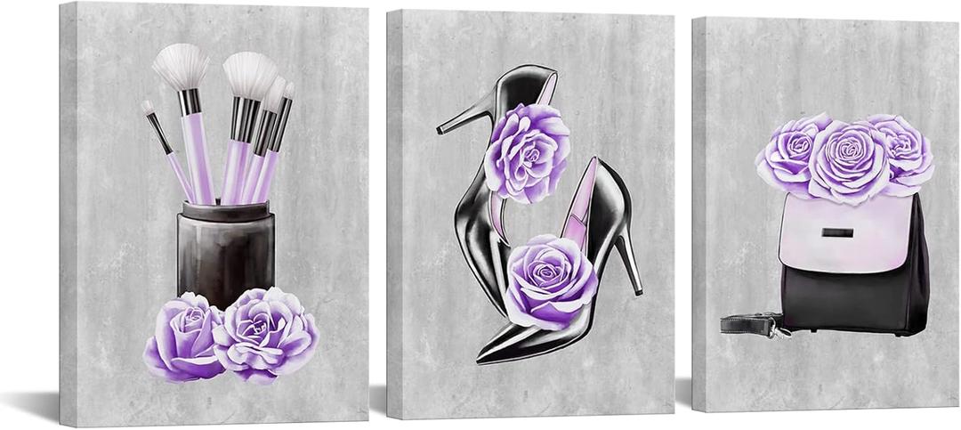 DuoBaorom Purple Fashion Wall Art Makeup Handbags Canvas Picture Women Bedroom Decor