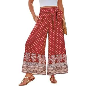 GRACE KARIN Women's 2025 Summer Wide Leg Palazzo Pants Elastic High Waisted Boho Casual Flowy Beach Pants with Pockets, L