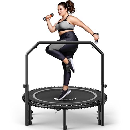 BCAN BT2 450/550LBS Mini Rebounder Trampoline for Adults with Bar, Fitness Trampoline with Bungees, Adjustable Handle, Stable & Quiet, Indoor Outdoor, Whole-Body Workout & Relaxation at Home-40IN-SLV