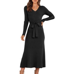 ANRABESS Womens Long Sleeve Fall Dress 2025 V Neck A-line Tie Waist Ribbed Knit Bodycon Midi Sweater Dresses Black Medium (Black, M)