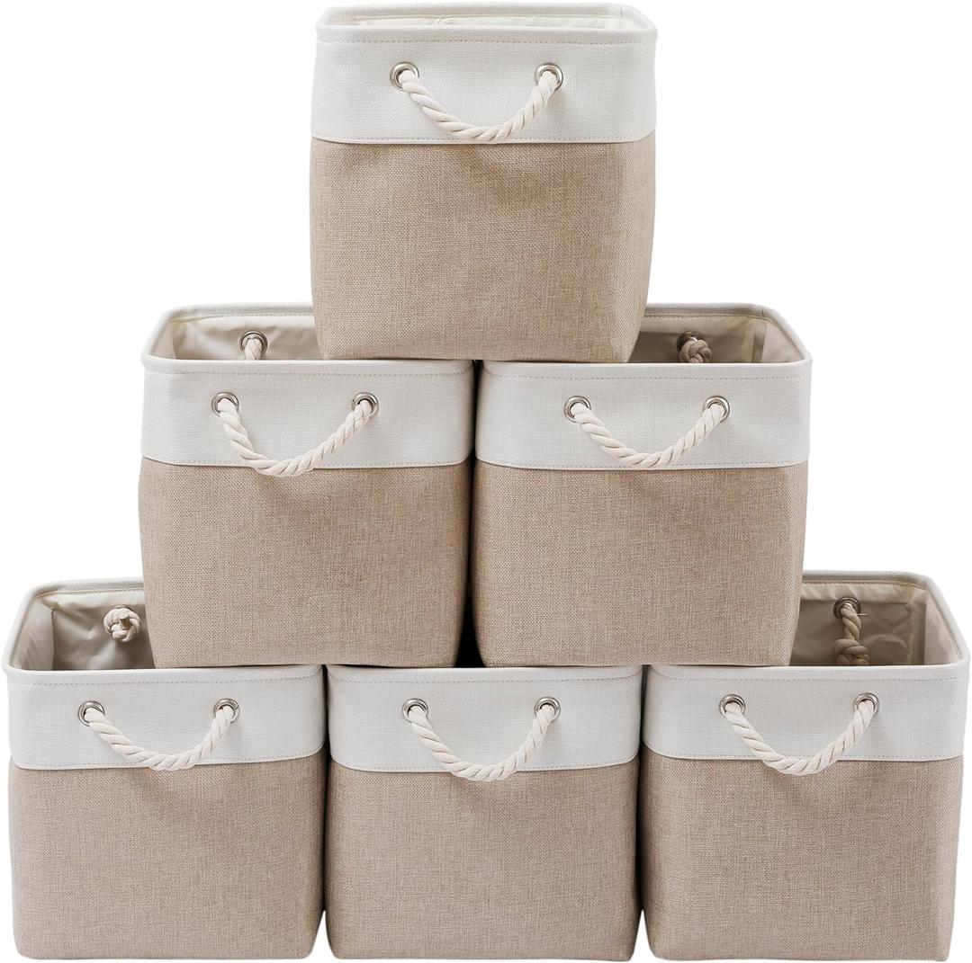 MidmmVick 13 x 13 Inch Cube Storage Bins, 6 Pack Extra Large Collapsible Fabric Storage Bin with Ropes, Foldable Storage Cubes for Home (White & Beige-13"x13"x13")