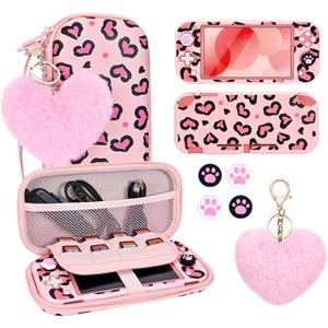 DLseego Love Leopard Carrying Case for Switch Lite 2019 Accessories Set, Portable Carrying Case with 1 Hard PC Shell & 8 Slots & 1PCS Plush Heart Pendant & 4PCS Cat Paw Thumb Grips Caps- Pink