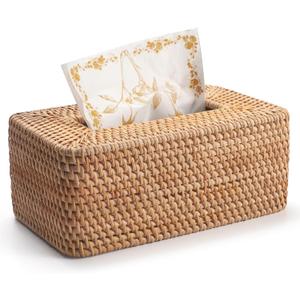 Rattan Tissue Box Cover Natural Woven Facial Napkin Holder Rectangular 10 x 6.1 x 4.1 Inch (Natural)
