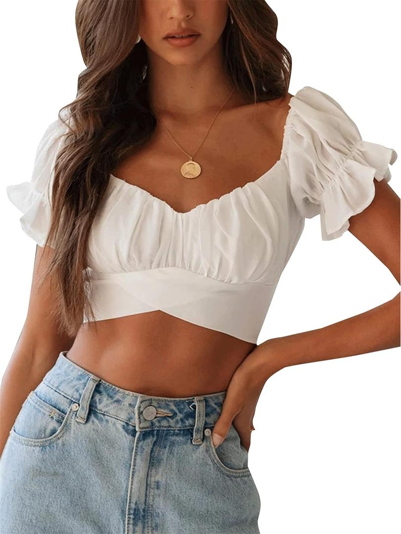LYANER Women's Cute Ruffle Puff Short Sleeve Tie Back Crop Top Off The Shoulder Cropped Blouse White Small