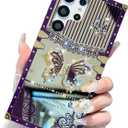 Cute Compatible with Samsung Galaxy S24 Ultra Case, Luxury Bling Butterfly Foldable Stand Kickstand for Women & Girls, Mirror Lace Flexible Shockproof Protective Case (Purple) (Mirror Purple)
