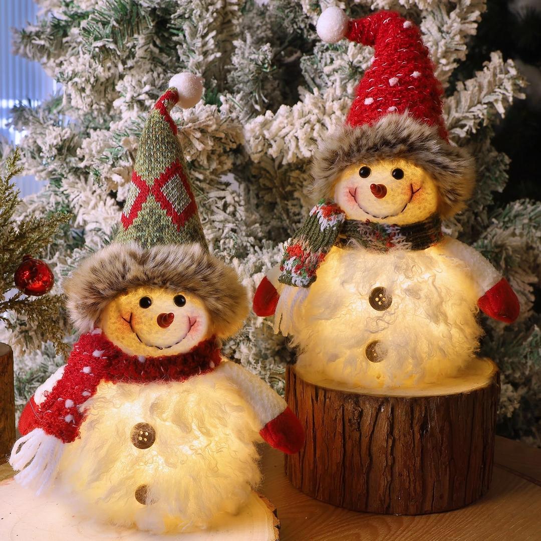 Juegoal 2 Pack Christmas Table Decorations, 10 Inch Lighted Snowmen Figurines, Light Up Snowman Holiday Present, Battery Operated Xmas Gifts Tabletop Ornaments Dinner Party Supplies, Brown Brim